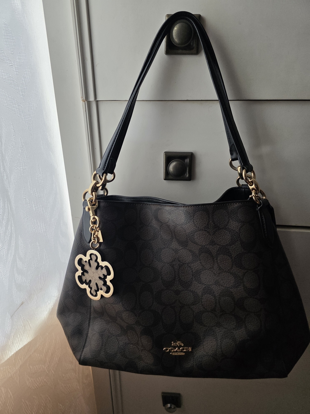Coach Signature Canvas Black Shoulder Tote with Charm